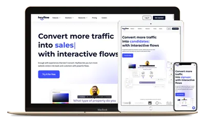 Heyflow website on desktop, tablet and mobile device.